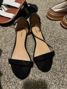 Express Black Suede Ankle-Strap Sandals with Rhinestone Trim